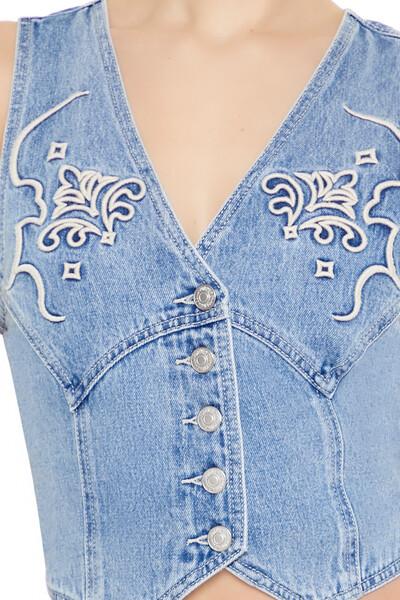 Nakışlı Denim Yelek