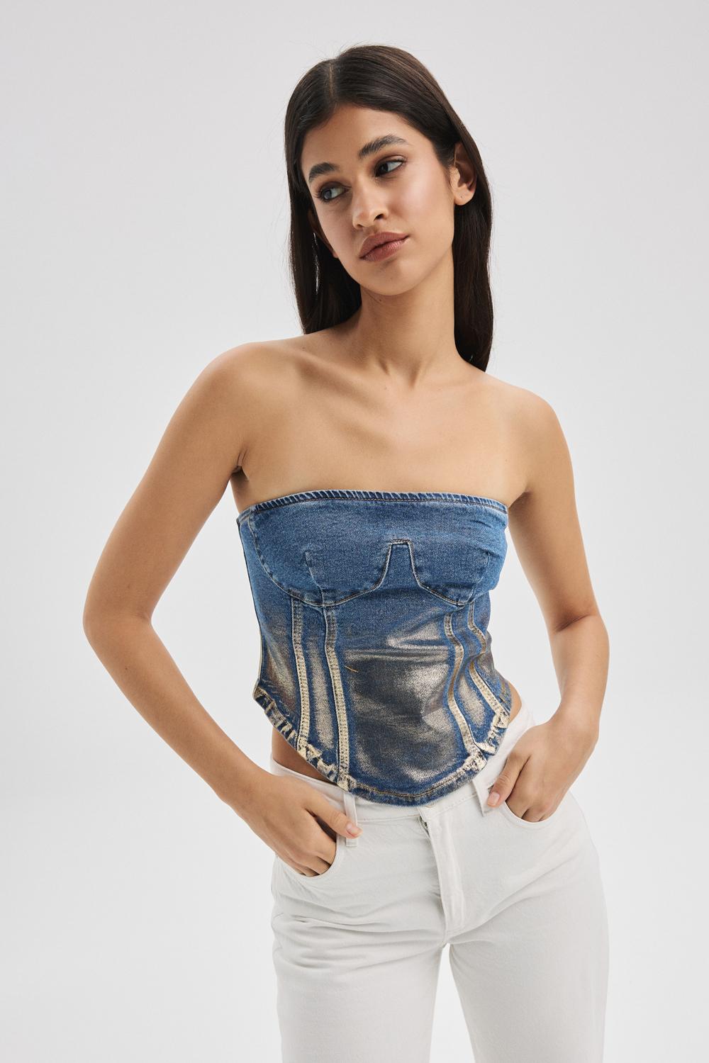 Denim Straplez Büstiyer
